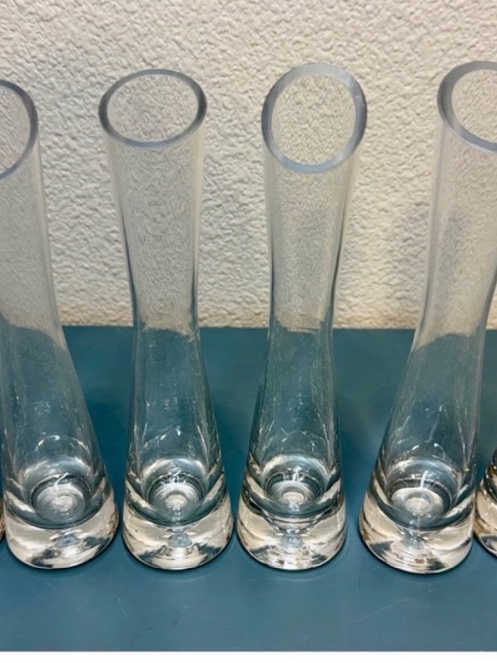 Set of 6 Clear Glass Bud Vases 7.25" Angled Rim Heavy Weighted Base Set of 6 NEW